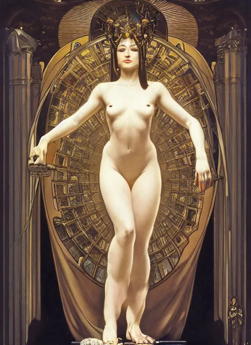 Image similar to Robotic beautiful Priestess posing in front of an altar by Hajime Sorayama and Henry Fuseli, alphonse mucha , dramatic lighting