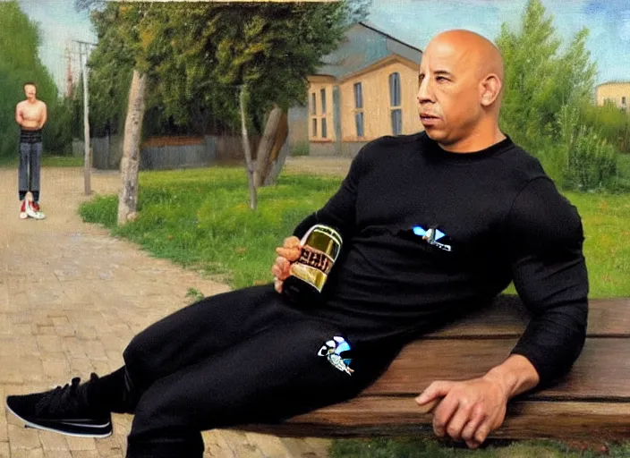 Image similar to vin diesel in black adidas sport costume, as gopnik character, sitting on a bench with a bottle of beer in the courtyard of a provincial russian town, oil on canvas, naturalism