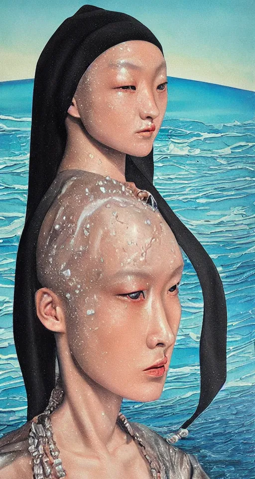 Prompt: hyperrealism oil painting, extreme close-up, portrait of nun fashion model, melted cyborg, ocean pattern mixed with star sky, in style of classicism mixed with 70s japan book art