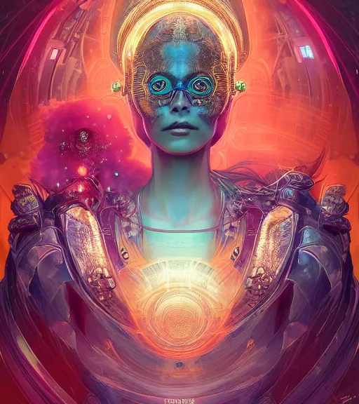 Prompt: cyberpunk portrait of the powerful queen of the solar system in the style of anna dittmann and in the style of wayne barlowe. glowing, ornate and intricate, stunning, dynamic lighting, intricate and detailed.