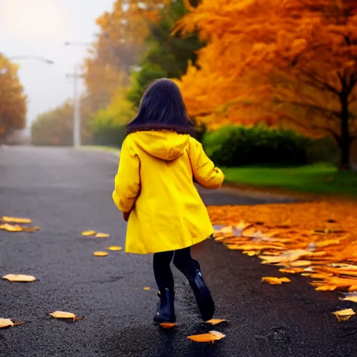 Image similar to anthropomorphic cute kitten wearing a yellow raincoat and yellow boots getting off the schoolbus on the first day of kindergarten, with colorful fall leaves and light rain, critical moment photograph