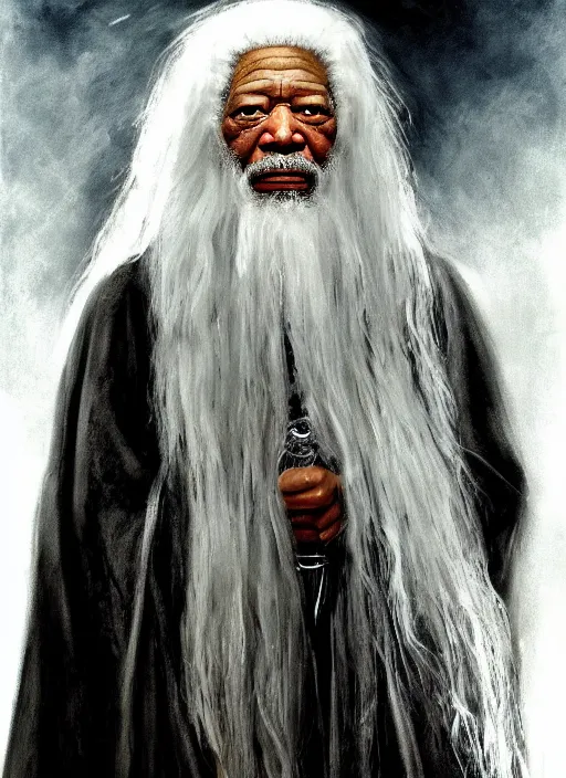Image similar to evil morgan freeman as evil wizard saurman the white, long white hair and white beard, long white flowing robes, long black wizard staff by alan lee, lord of the rings, smooth, oil painting, matte painting, concept art, trending on artstation, promotional artwork, film still, elegant, photorealistic facial features, intricate, detailed face, cinematic lighting