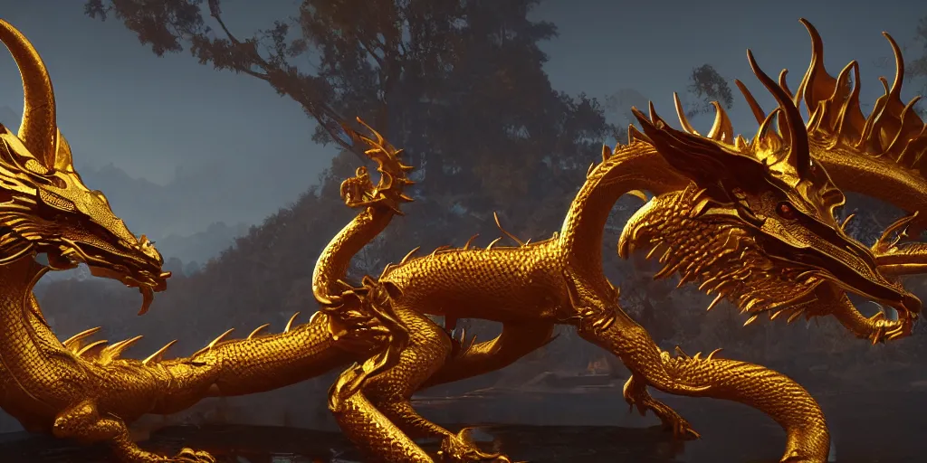 Image similar to golden dragon, unreal 5, hyperrealistic, realistic, photorealistic, dynamic lighting, highly detailed, cinematic landscape, studio landscape, studio lighting