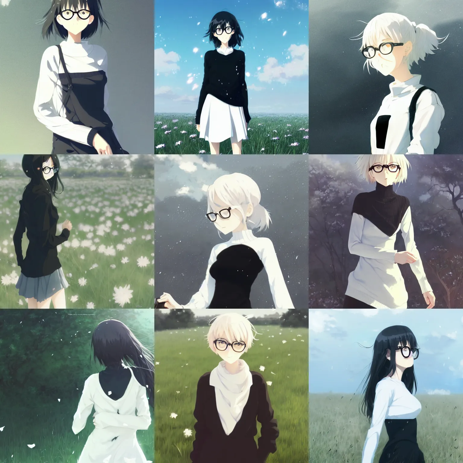 Prompt: cute girl in black sweater white white pale hair white white pale hair white white pale hair black glasses standing full body field background by greg rutkowski makoto shinkai kyoto animation key art feminine wlop smile