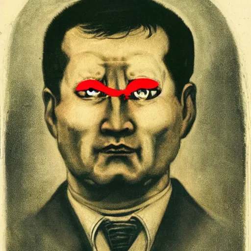 Image similar to portrait of alexander abdulov, with a red eyes, satanic body, head of old man, in blood of sinners, hellish style