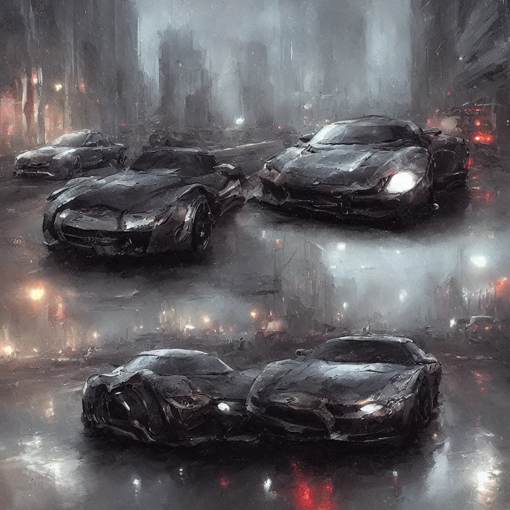 Prompt: greg rutkowski art, insanley detailed, extremly detailed, masterpice, a car driving slowy on a street with moody weather