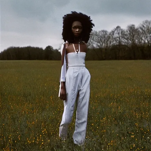 Image similar to realistic!!! photoshoot for a new dior lookbook, color film photography, portrait of a beautiful woman, location on a open field, in style of tyler mitchell, 35mm