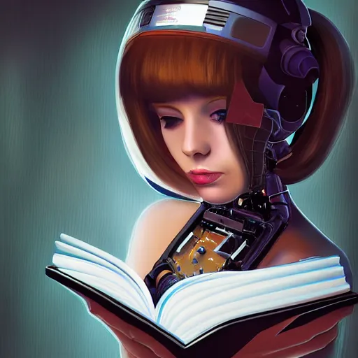 Image similar to robotic cybernetic girl reading a book, portrait, pixiv, arstation, digital art