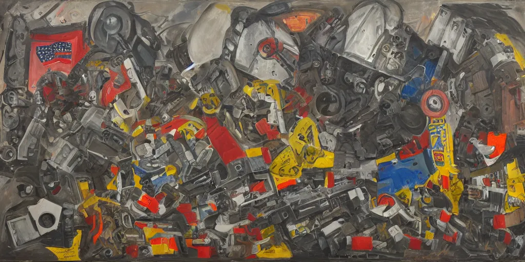 Image similar to Still life of a combat mech surrounded by its weapons, inspired by Jasper Johns