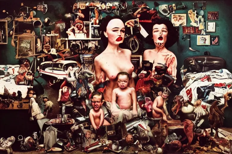 Prompt: kodachrome nightmare americana, joel peter witkin photo of 1 9 5 0 s suburban family, capitalist propaganda meets body horror, patriotic nihilism, annie liebovitz, bosch, disney, francis bacon, minimalist, beksinski, pixar