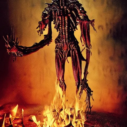 Image similar to the most horrifying creature burning with unseen colors, photo pic taken by gammell + giger + mcfarlane + del toro + hellgod + death + realistic horrors, shatter colors drip