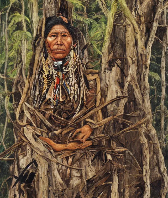 Prompt: indigenous woman warrior in the forest, painted by lucian freud, hd, super detailed, realistic, muted colors