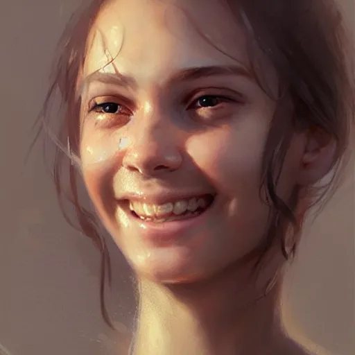 Image similar to epic portrait of a beautiful girl with an unnaturally wide smile, beautiful!, dewy skin, ethereal, painting, concept art, warm lighting, greg rutkowski