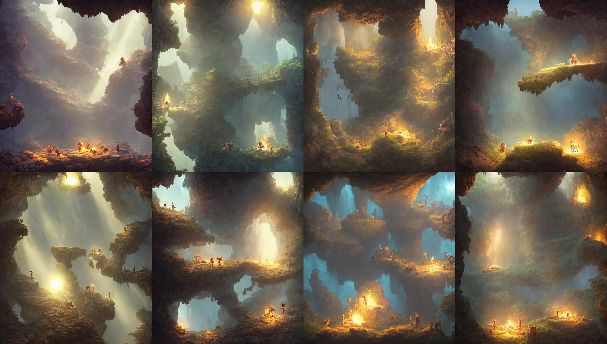 Prompt: 2 d platformer, inside of a fire lit cave, pre - historic cave man family, intricate, cave, diamond prisms, morning sun - rays, wlop, greg rutkowski, steve argyle, ilya kuvshinov, rossdraw, daniel f. gerhartz,