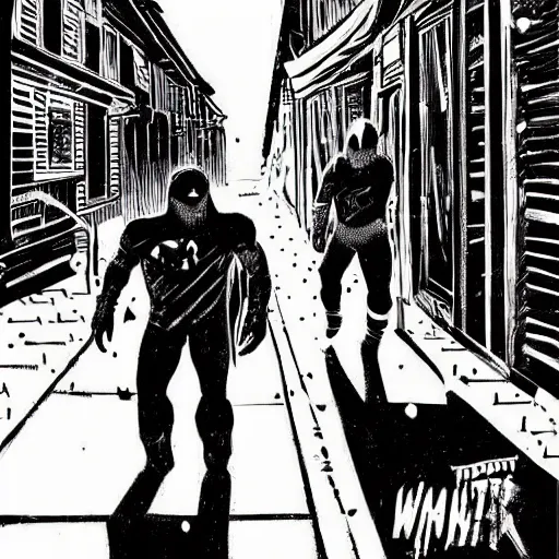 Image similar to masked wrestlers walking in a rainy alley, art by tomm coker and john paul leon, dramatic shadows