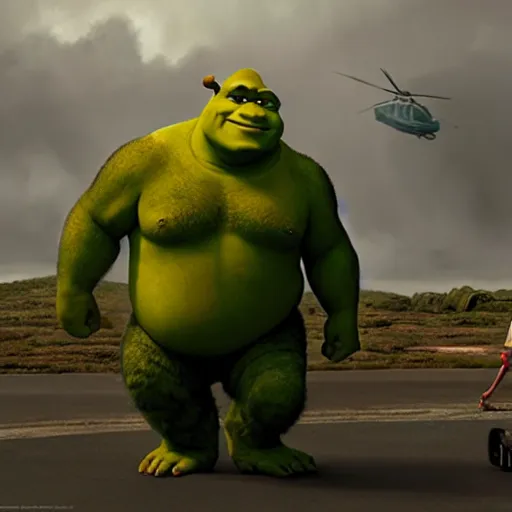 Prompt: shrek vs armstrong on helipad during storm, hyperrealism, no blur, 4 k resolution, ultra detailed, style of dragan bibin, denis villeneuve, tyler edlin, greg rutkowski