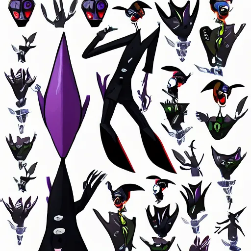 Prompt: character design sheets for a nonbinary gothic manta ray person who sells empty spray paint cans as a scam and is always covered in paint and clay and acting shady, designed by splatoon nintendo, inspired by tim shafer psychonauts 2 by double fine, cgi, professional design, gaming