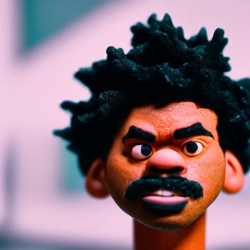 Image similar to a cinematic film still of a claymation stop motion film starring chance the rapper as a college student, shallow depth of field, 8 0 mm, f 1. 8