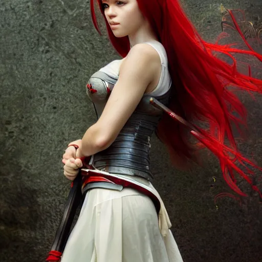 Prompt: dslr photo of beautiful erza scarlet wearing a elegant dress, standing holding a katana that is very detailed, portrait photo, real photo, real camera, extreme detailed face and body, high quality, moody lighting, fast paced lines, sharp quality, artgem, enchanting lighting, 8 k, art by alphonse mucha and greg rutkowski