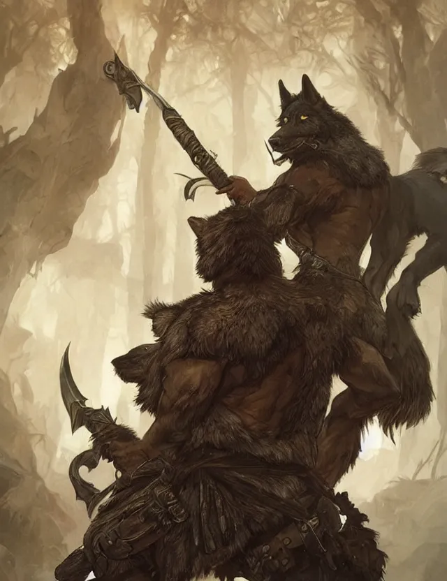 Image similar to portrait of a gruff ranger with a spear, accompanied by a black wolf, muscular, handsome face, hairy body, D&D, fantasy, intricate, elegant, highly detailed, digital painting, artstation, concept art, matte, sharp focus, illustration, art by Artgerm and Greg Rutkowski and Alphonse Mucha