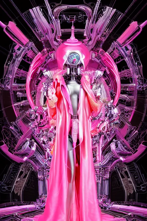 Image similar to full-body baroque and bladerunner style pink neon and chrome statue of a beautiful pale priestess robot goddess humanoid wearing a see-through silk kimono, glowing peach face, street hoody of red steampunk lasers, emeralds, swirling silver silk fabric. futuristic elements. oozing glowing liquid, full-length view. space robots. human skulls. throne made of bones, intricate artwork by caravaggio. Trending on artstation, octane render, cinematic lighting from the right, hyper realism, octane render, 8k, depth of field, 3D