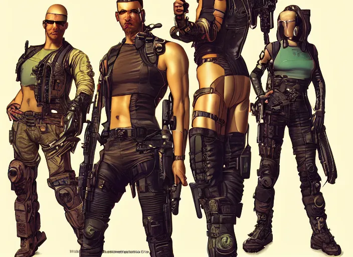 Image similar to cyberpunk mercenary team. portrait by stonehouse and mœbius and will eisner and gil elvgren and pixar. character design. realistic proportions. cyberpunk 2 0 7 7 character art, blade runner 2 0 4 9 concept art. cel shading. attractive face. thick lines. the team. diverse characters. artstationhq.