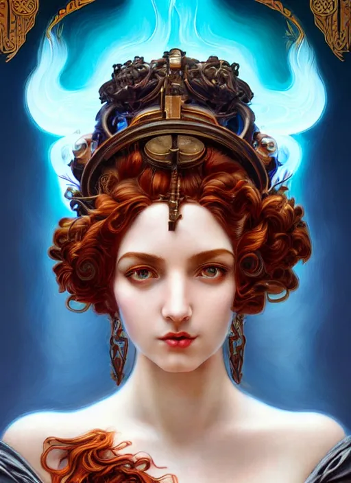 Image similar to the greek goddess hestia, hair made of fire, steampunk, glowing eyes, beautiful eyes, volumetric lights, red and cyan theme, art nouveau botanicals, intricate, highly detailed, digital painting, artstation, concept art, smooth, sharp focus, cinematic, illustration, beautiful face, art by artgerm and greg rutkowski and alphonse mucha