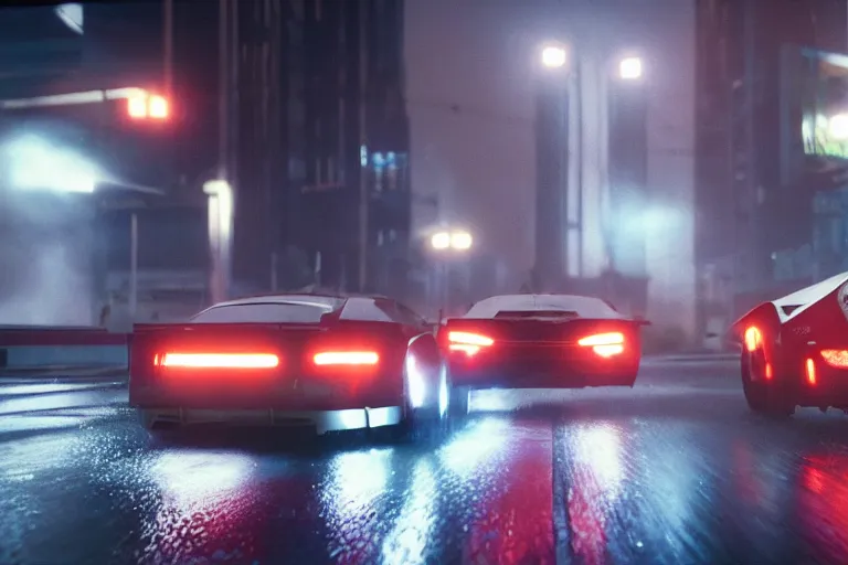 Image similar to tokyo drift fast and furious film still, racing on wet city street, gta 5, hyper detailed, forza, smooth, need for speed, high contrast, volumetric lighting, octane, george miller, jim lee, comic book, ridley scott