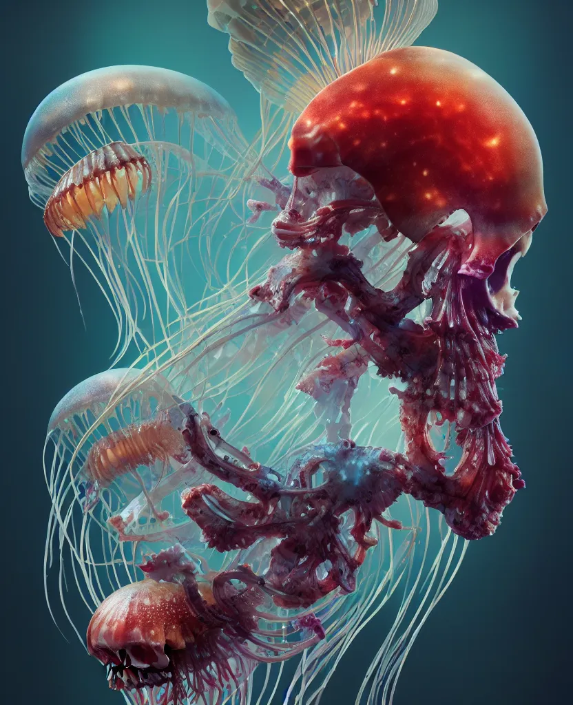 Image similar to human thorax, rib cage, ribs jellyfish phoenix head, nautilus, orchid, skull, betta fish, bioluminiscent creatures, intricate artwork by Tooth Wu and wlop and beeple. octane render, trending on artstation, greg rutkowski very coherent symmetrical artwork. cinematic, hyper realism, high detail, octane render, 8k