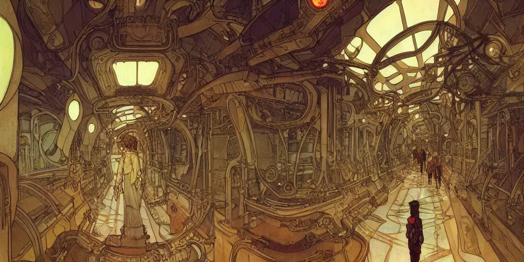 Prompt: steampunk starship hallway, kid and mad scientist walking, giant video screens, sci - fi, big interior plants, retrofuturism, concept art by mucha and moebius and victo ngai, architecture by francois schuiten, clean line, diesel punk, artstation