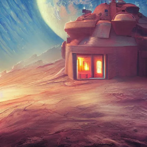 Image similar to house on mars, acrilic paint, digital, artstation, detailed intricate ink illustration, heavenly atmosphere, digital art, overdetailed art, concept art, complementing colors, trending on artstation, cgstudio, the most beautiful image ever created, dramatic, subtle, details, award winning artwork, beautiful scenery