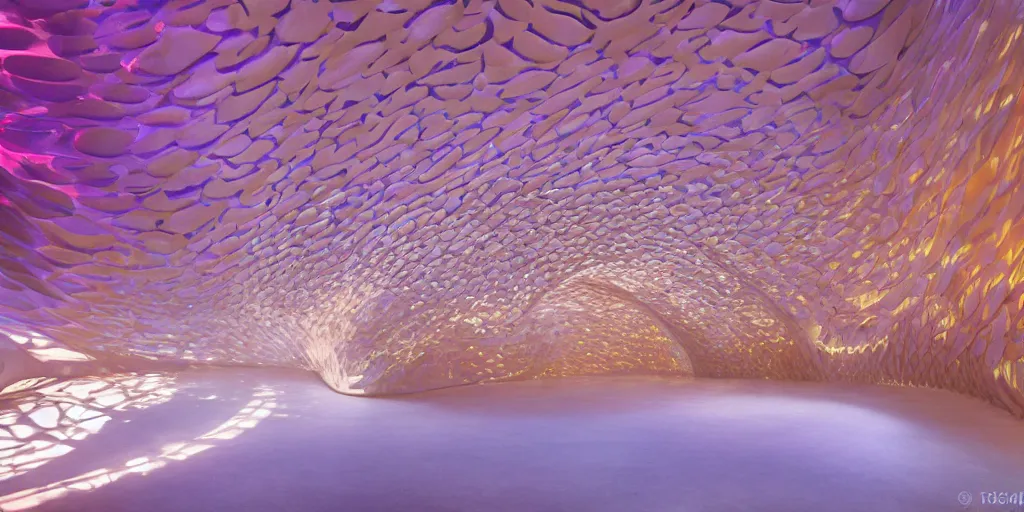 Image similar to extremely detailed awe stunning beautiful futuristic smooth curvilinear museum interior, translucent gills, hyper real, 8k, colorful, 3D cinematic volumetric light, atmospheric light