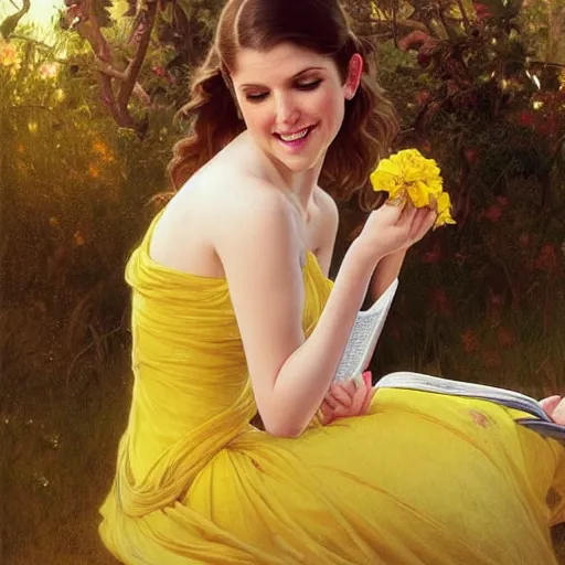 Prompt: a smiling anna kendrick wearing a yellow dress and reading a book, masterpiece, intricate, elegant, highly detailed, digital painting, artstation, concept art, smooth, sharp focus, illustration, art by artgerm and greg rutkowski and alphonse mucha and uang guangjian and gil elvgren and sachin teng, symmetry!!