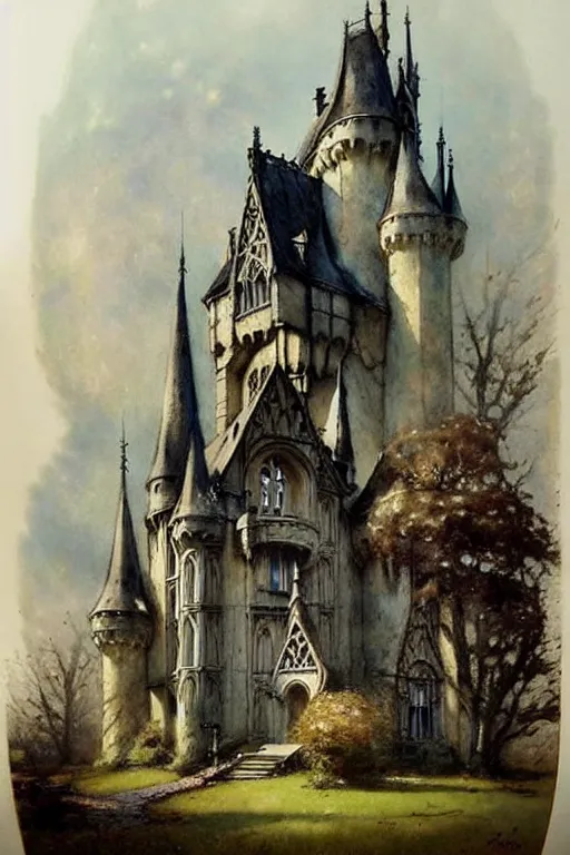 Prompt: (((((1950s fairy tale gothic revival castle . muted colors.))))) by Jean-Baptiste Monge !!!!!!!!!!!!!!!!!!!!!!!!!!!