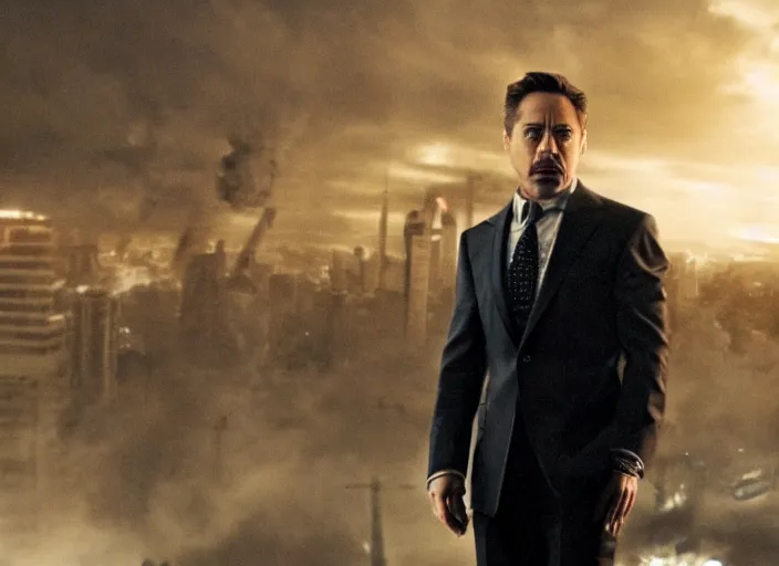 Image similar to film still of Robert Downey Jr as Cobb with the city crumbling in the background in Inception, 4k