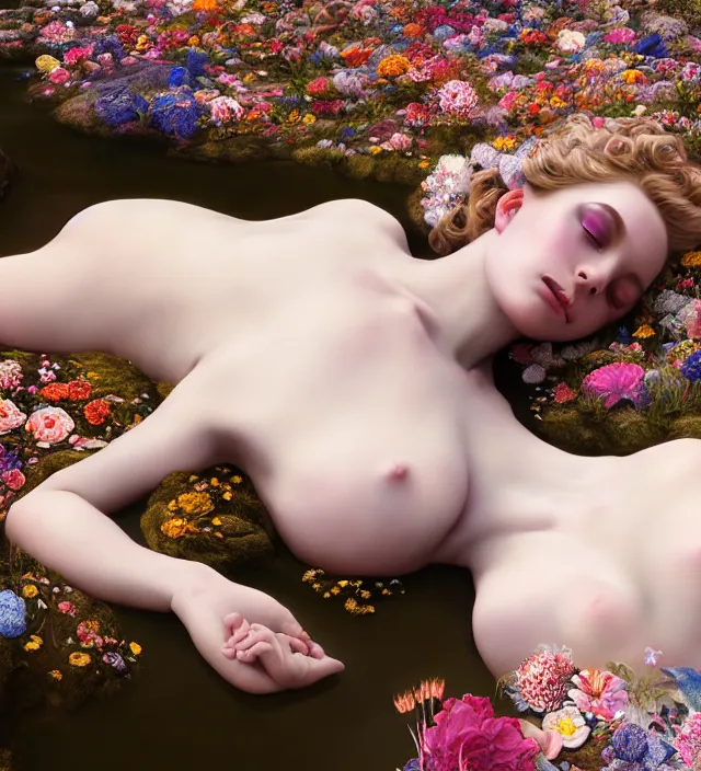 Image similar to baroque portrait of a icelandic princess of porceline skin lying down in a river made of thousand of flowers, cinematic lighting, photorealistic, octane render, 8 k, depth of field, art by artgerm and greg rutkowski and alphonse mucha and uang guangjian