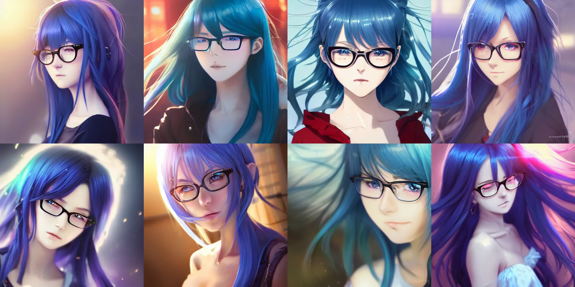 Prompt: very beautiful anime girl with glasses, long blue hair, azure blue watery eyes, full round face, seductive over the shoulder glances, lens flare, cinematic lighting, medium shot, mid-shot, highly realistically detailed, trending on pixiv, Unreal Engine 4k, Stanley Artgerm Lau, WLOP, Rossdraws, James Jean, Marc Simonetti, Sakimichan, Tran Ross