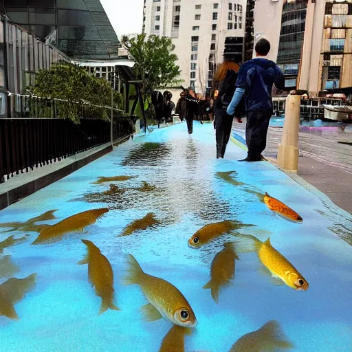 Image similar to a liquid sidewalk with a group of fish swimming inside it