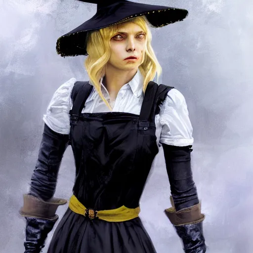 Prompt: portrait of marisa kirisame is young witch with blonde hair with single braid and golden yellow eyes, wearing black vest and skirt, white waist apron and undershirt, and pointed black witch hat, thoma greg rutkowski michael whelan nekro illustrated art by ashley wood, detailed painting, shimmer oil on canvas artstation