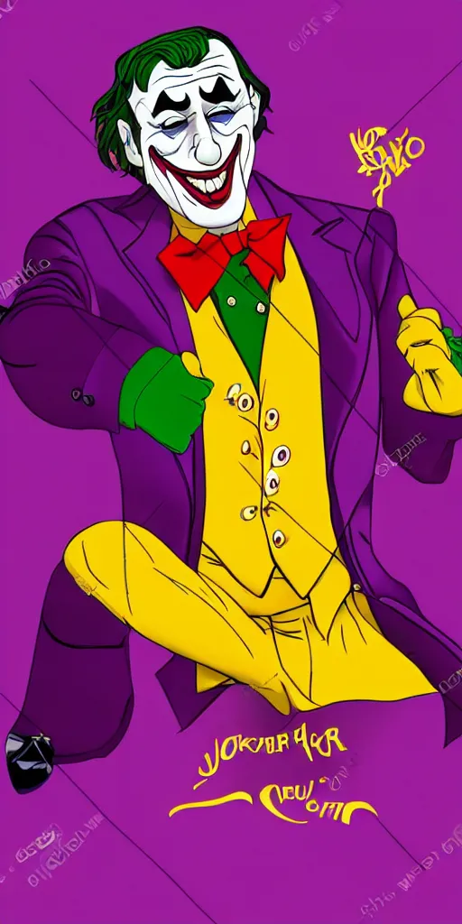 Image similar to joker wearing purple suit, yellow background, disney movie poster style, animation