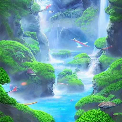 Prompt: islands floating in the sky with waterfalls and dragons, digital art, aesthetic, astonishing detail