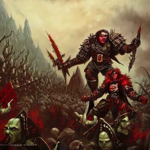 Image similar to Vampire counts fight Ogre kingdoms, warhammer fantasy, high fantasy, detailed, artstation, oil painting, illustration