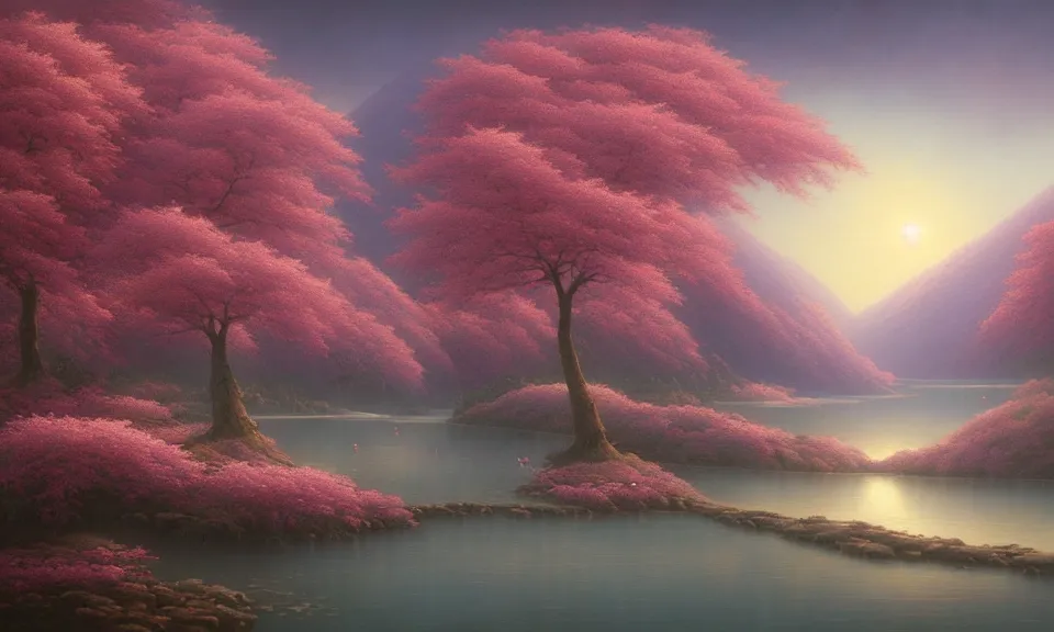 Image similar to a beautiful landscape matte painting of cherry trees with petals flying in the sky, beside a river, by christophe vacher