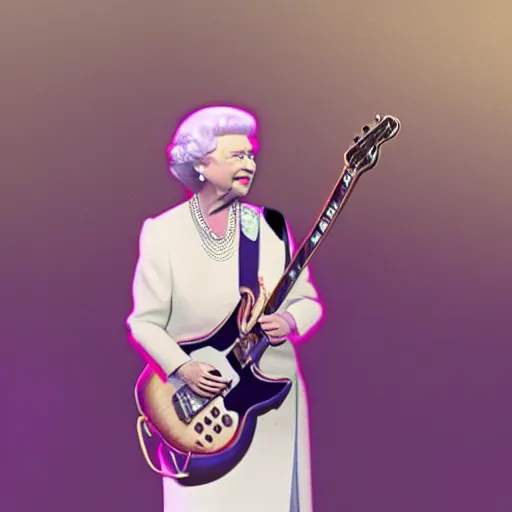 Image similar to Queen Elizabeth II rocking out on guitar, on stage at Coachella, photorealism