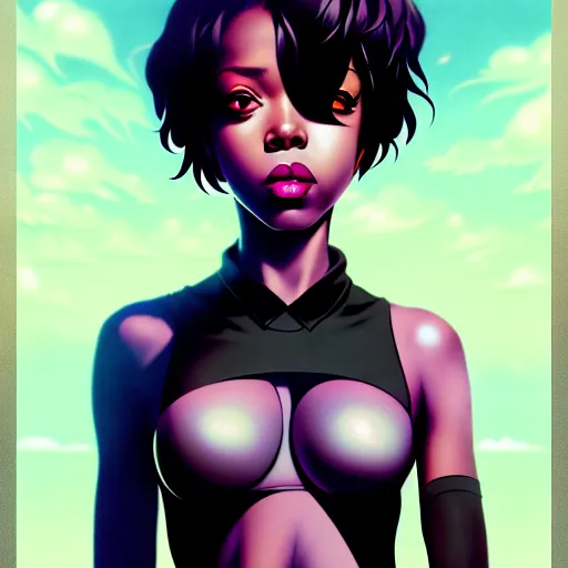 Image similar to portrait of a black anime manga girl with short french bob hair, by artgerm, james jean, tom bagshaw, gerald brom, vaporwave colors, lofi colors, vaporwave, lofi, goth vibe, 4 k, smooth, hd, substance designer render, full body character concept art, symmetrical, 2 point lighting,