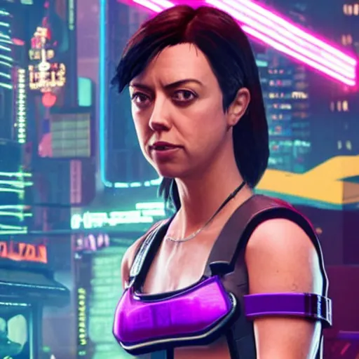 Image similar to aubrey plaza as character in cyberpunk 2 0 7 7