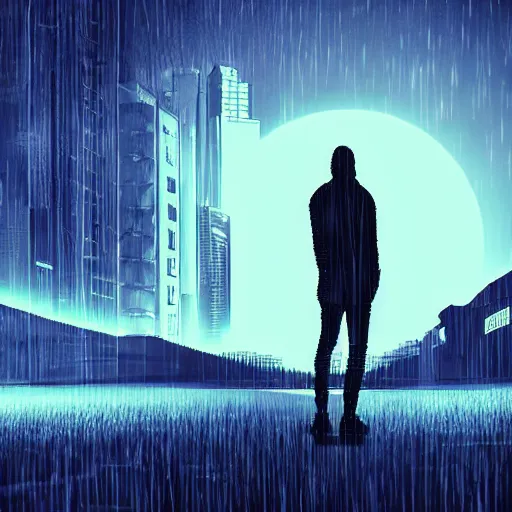 Image similar to digital art cyberpunk landscape silhouette of young man in a hoodie in the foreground