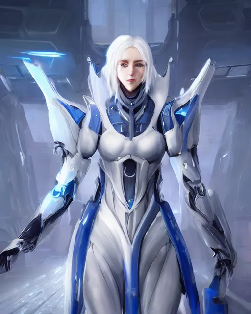 Image similar to perfect white haired girl, warframe armor, beautiful, dreamy, pretty face, blue cyborg eyes, portrait, bright light, scifi, emotional, utopian architecture in the background, laboratory, 4 k, high definition, ultra realistic, aura of light, cinematic, highly detailed, masterpiece, art by akihito tsukushi, akasuki brightmind