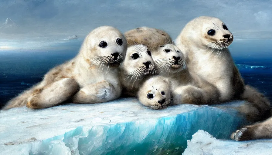 Image similar to highly detailed painting of cute furry white baby seal leopards cuddling into each other on a blue and white iceberg by william turner, by greg rutkowski, by william constable, thick brush strokes and visible paint layers, 4 k resolution