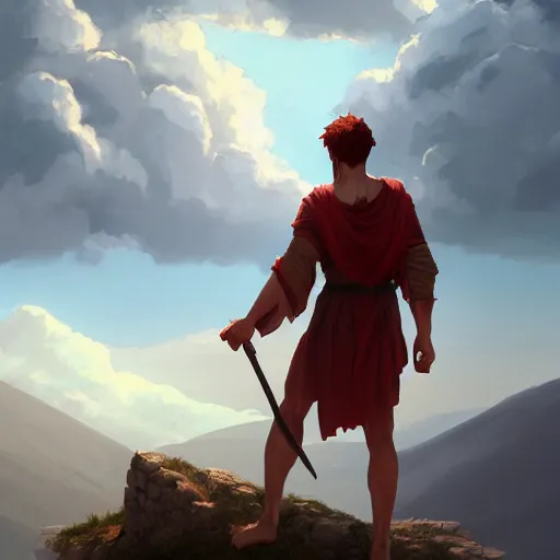 Prompt: young roman man with red hair in a tunic standing on a ridge in greece 4 k, concept art, by wlop, ilya kuvshinov, artgerm, krenz cushart, greg rutkowski, pixiv. cinematic dramatic atmosphere, sharp focus, volumetric lighting, cinematic lighting, studio quality